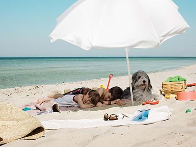 To børn og en hund på stranden